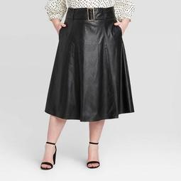 Women's Plus Size Mid-Rise Belted Swing A-Line Midi Skirt - Who What Wear™ Black