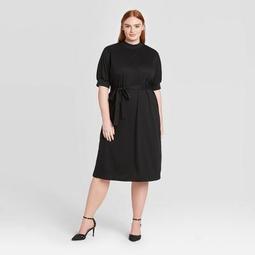 Women's Plus Size Short Sleeve High Neck Rib Trim A-Line Midi Dress - Who What Wear™ Black