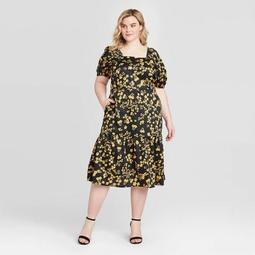 Women's Plus Size Floral Print Puff Short Sleeve Midi Dress - Who What Wear™ Black