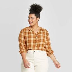 Women's Plus Size Plaid Long Sleeve V-Neck Button-Front Tunic - Universal Thread™ Yellow