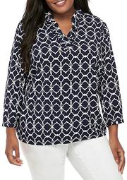 Plus Size 3/4 Sleeve Ruffle Neck Printed Top