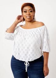 Knit Eyelet Tie Front Peasant Top