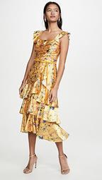Sleeveless Printed Charmeuse Tiered Cocktail Dress