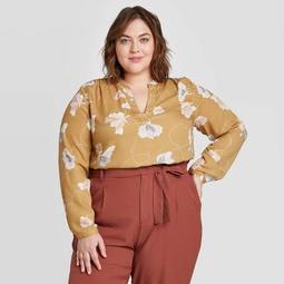 Women's Plus Size Floral Print Long Sleeve Blouse - Ava & Viv™ Olive