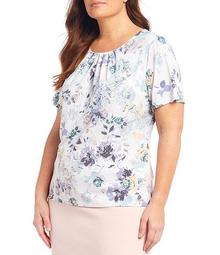 Plus Size Floral Print Matte Jersey Pleat Neck Short Sleeve Top