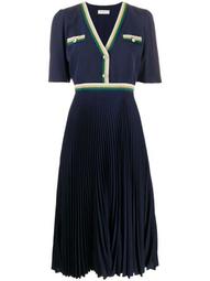 buttoned V-neck pleated dress