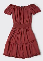 burnt orange off the shoulder dress