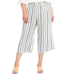 Plus Size Stripe Print Crepon Pull-On Capri Pants