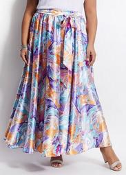 Belted Abstract Satin Maxi Skirt