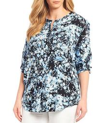 Plus Size Scattered Print 3/4 Sleeve Button Front Tunic