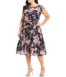 Plus Size Floral Lace Cap Sleeve A-Line Midi Dress