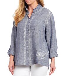 Plus Size Chambray Embroidered 3/4 Sleeve Button Front Tunic