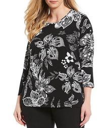 Plus Size Floral Print Knit Jersey 3/4 Sleeve Top