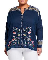 Plus Size Gisella Floral Embroidered Voile Button-Down Blouse
