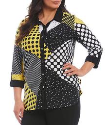 Plus Size Knit Chiffon Graphic Printed Roll Cuff Shirt