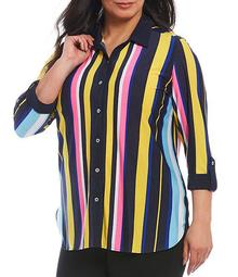 Plus Size Knit Chiffon Striped Roll Cuff Shirt