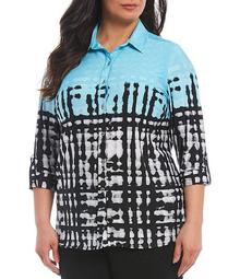Plus Size Knit Chiffon Geometric Graphic Print Roll-Cuff Shirt