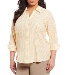 Plus Size Taylor Gold Label Non-Iron 3/4 Sleeve Button Front Stripe Cotton Shirt