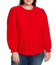 Plus Size Long Sleeve Smocked Cuff Pintucked Blouse