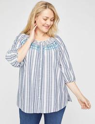 Embroidered Stripe Buttonfront Top