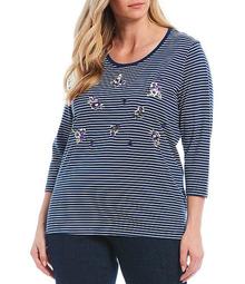 Plus Size Stripe Print Floral Embroidery 3/4 Sleeve Knit Jersey Top