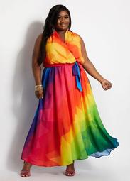 Belted Rainbow Abstract Wrap Dress