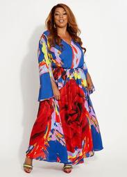 Belted Abstract Rose Maxi Dress