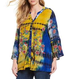 Plus Size Bell Sleeve Tie Dye Floral Embroidery Peasant Blouse