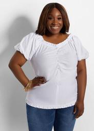 Ruched Puff Sleeve Ruffle Top