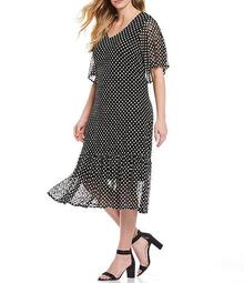 Plus Size Polka Dot Flutter Sleeve Ruffle Hem Midi Dress