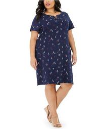 Plus Size Sailboat-Print Lace-Up Dress, Created for Macy's