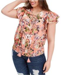 INC Plus Size Cotton Lace-Up Flutter Top, Created for Macy's