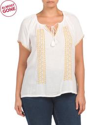 Plus Embroidered Short Sleeve Peasant Top