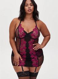 Black Mesh & Berry Purple Embroidered Chemise