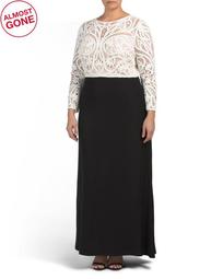 Plus Long Sleeve Lace Bodice Gown