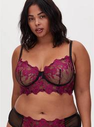 Black Mesh & Raspberry Pink Embroidery Unlined Underwire Bralette