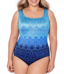 Plus Size Ombre Foiled Double X Back Tummy Control Tank One Piece Swimsuit