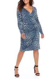 Plus Size 3/4 Sleeve Animal Print Side Ruched Dress