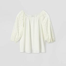 Women's Plus Size Long Sleeve Eyelet Peasant Top - A New Day™ 