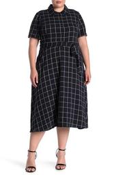 Short Sleeve Windowpane Printed Midi Dress (Plus Size)