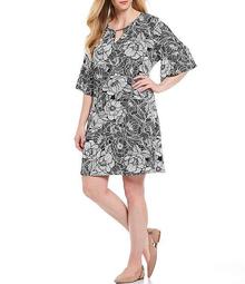 Plus Size Floral Abstract Print Keyhole Neck Elbow Bell Sleeve A-Line Dress