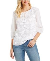Plus Size Cotton Embroidered Split-Neck Blouse, Created for Macy's