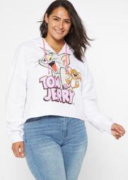 Plus White Tom And Jerry Cropped Graphic Hoodie