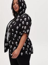 Black Skull Print Voile Short Sleeve Hooded Anorak