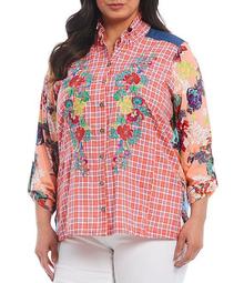 Plus Size Plaid-Floral Multi Print Roll-Tab Sleeve Embroidery Button Down Shirt