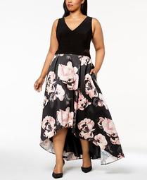 Plus Size Solid & Floral-Print High-Low Gown