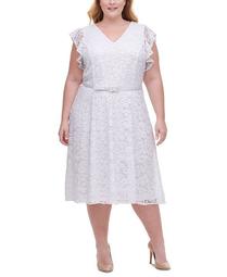 Plus Size Belted Lace Fit & Flare Dress
