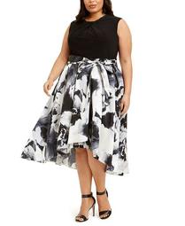 Plus Size Embellished-Neck Floral-Skirt Dress
