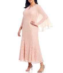 Plus Size Sequin Lace Capelet Gown