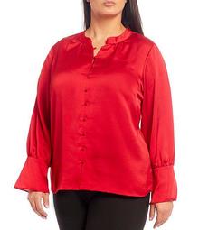 Plus Size Solid Woven Texture Mandarin Collar Long Sleeve Bell Cuff Button Front Blouse